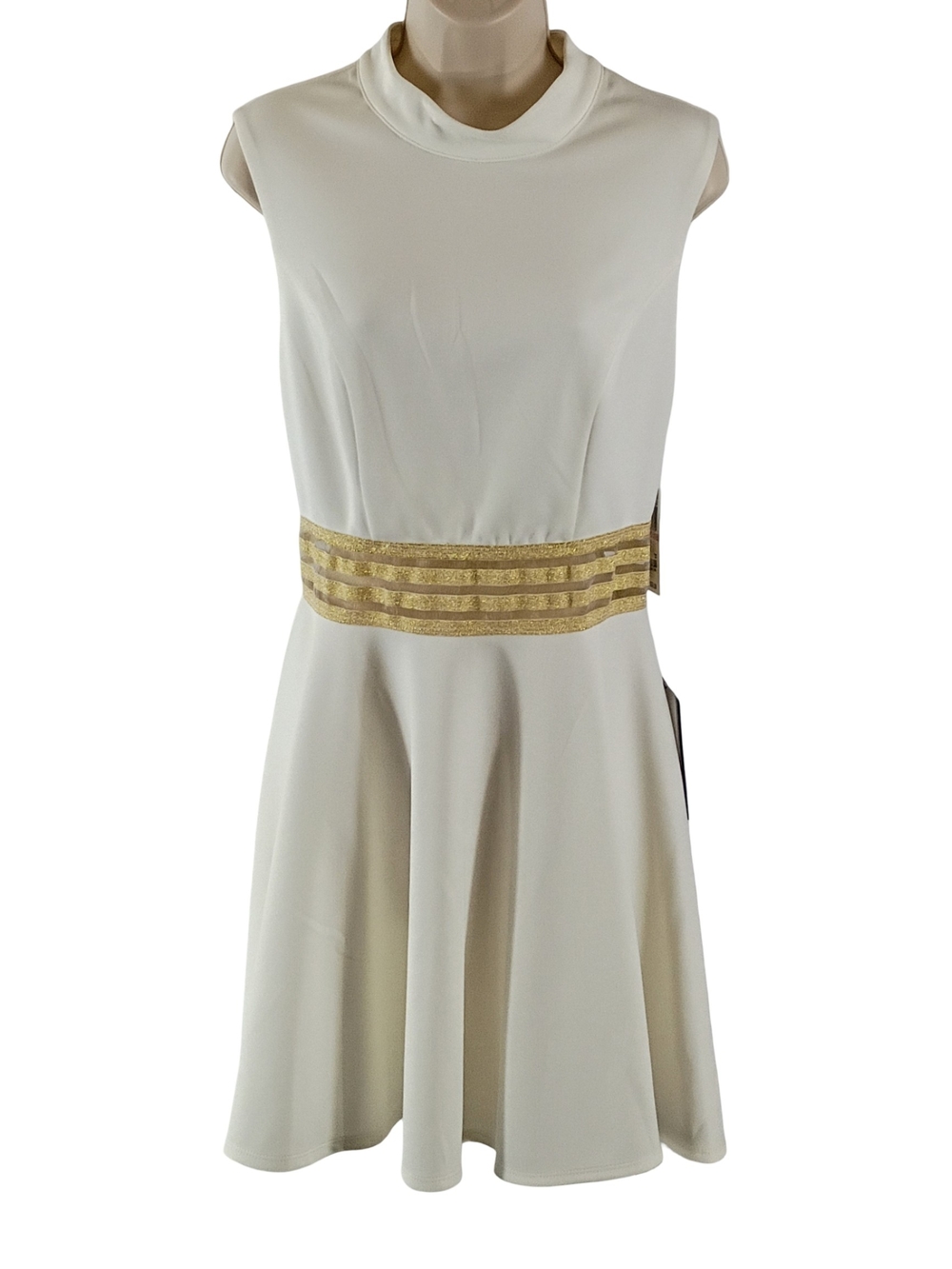 City Studio Cream Midi Dress with Metallic Gold Band Waist